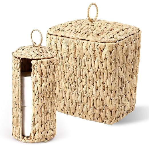 Wicker Waste Basket and Toilet Paper Holder 2.5 Gal Handwoven Water Hyacinth Trash Can with Lid Garbage Bin Toilet Paper Storage Woven Rustic Decorative for Bedroom Bathroom Office Living Room