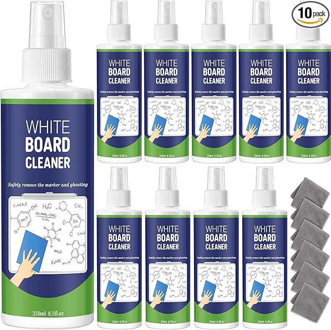 10 Pack Non-Toxic Whiteboard Cleaner 8.5fl oz Dry Erase Board Cleaner with 6 Cloths Non-Toxic Dry Erase Cleaning Spray Removes Stubborn Marks from Whiteboards