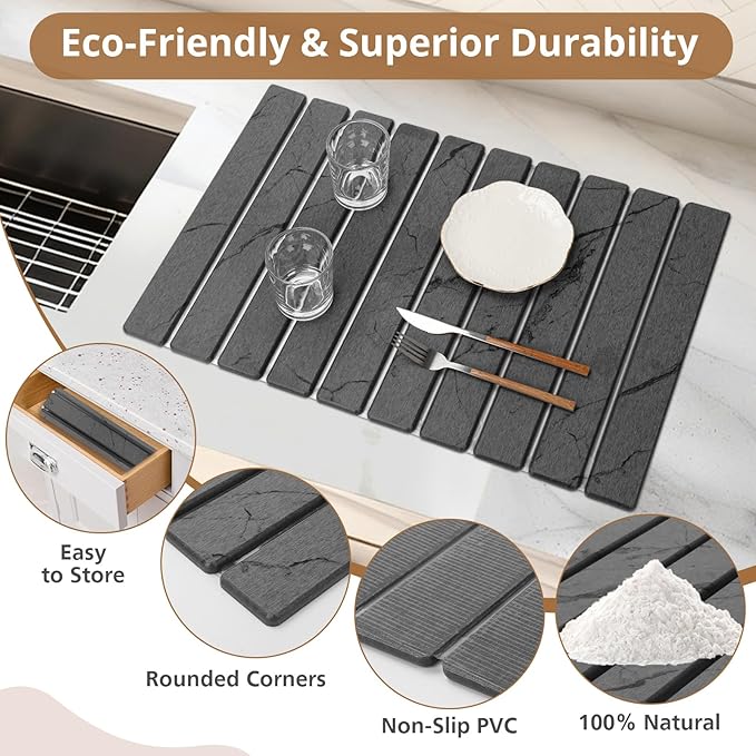2 PCS Large Stone Dish Drying Mat for Kitchen Counter Marbled Quick Dry Stone Dish Mats Diatomaceous Earth Drying Pad Foldable and Super Absorbent Dish Drying Stone Mat (Dark Gray 24×16 &amp 8×