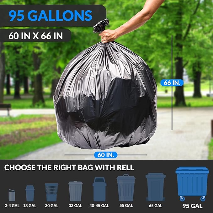 Reli. 95 Gallon Trash Bags Heavy Duty | 68 Trash Bags | Super Sizeable Black Garbage for Serious Cleanup