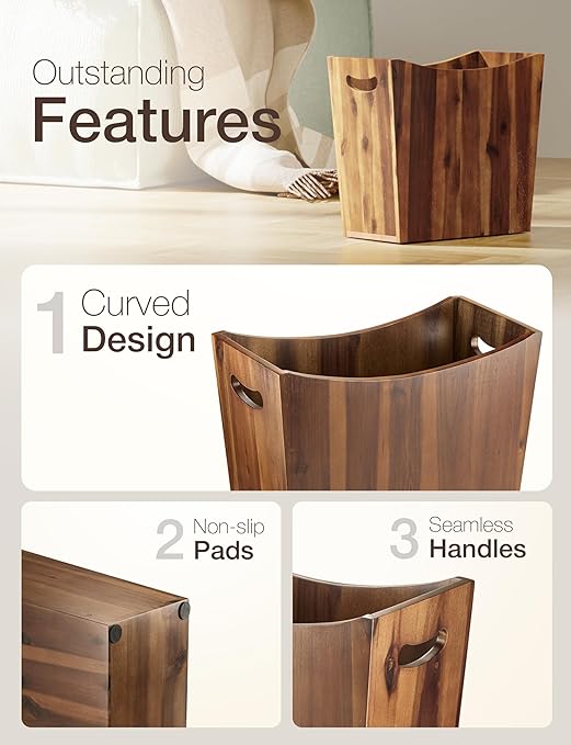 3 Gallons Rectangular Wastebaskets - Acacia Wood Waste Basket with Handles - Small Trash Can for Bathroom - Brown Garbage Bin for Spa Bathroom Decorative Kitchen Counter Living Room (Walnut)