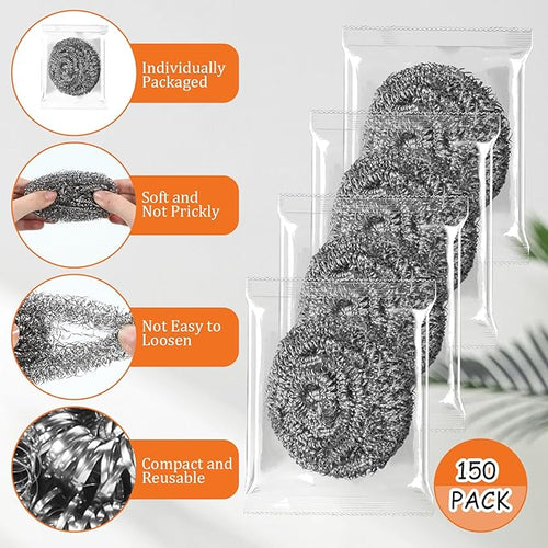 150 Pieces Stainless Steel Scourers Bulk Steel Wool Scrubbers Small 10 gram Metal Sponges Wire Scouring Pad for Stoves Pots Pans Oven Cooker Hoods for Kitchen Bathrooms(Separately Packaged)