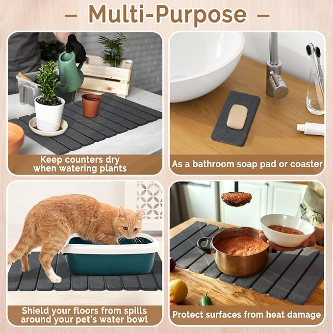 Large Stone Dish Drying Mat for Kitchen Counter2 PCS Quick Dry Stone MatsFoldable Water Absorbing Diatomaceous Drying Pad for Countertop Bottles Utensils Cups (Flow Line Dark Gray 24x16 &amp 8x4