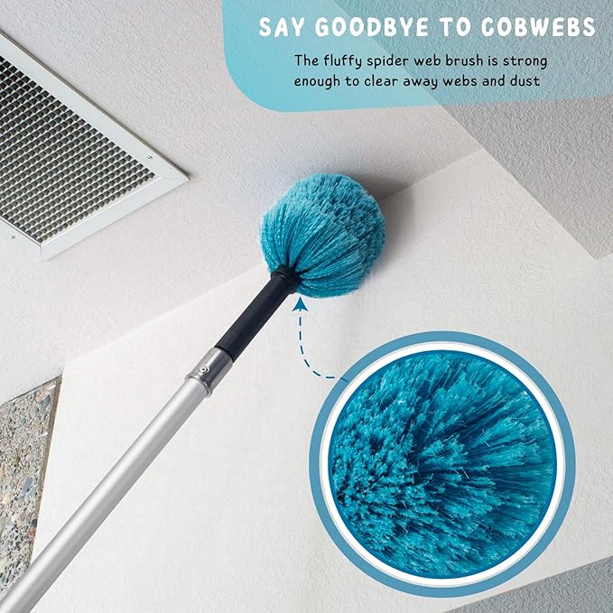 Cobweb Duster with 5-12 Ft Extension Pole Spider Web Brush with Long Telescoping Pole for 20 Feet Reach Window Cleaning Squeegee with Scrubber High Ceiling Fan Dusters