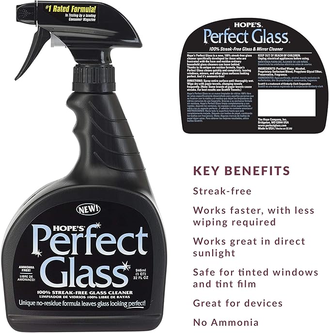 HOPE'S Perfect Glass Cleaner Streak-Free Ammonia-Free Window Mirror Screen and Shower Door Cleaner Indoor and Outdoor Glass Surfaces 32 Fl Oz Spray Bottle and 67.6 Fl Oz Refill Pack of 4