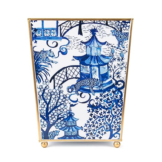 Jaye’s Studio Garden Party Decorative Gold Waste Basket for Bathroom Trash Can no Lid Bedroom Garbage Can Square Office Trash Bin Vanity Enamel White &amp Blue Bathroom Trash Can Gold Feet 9 inch