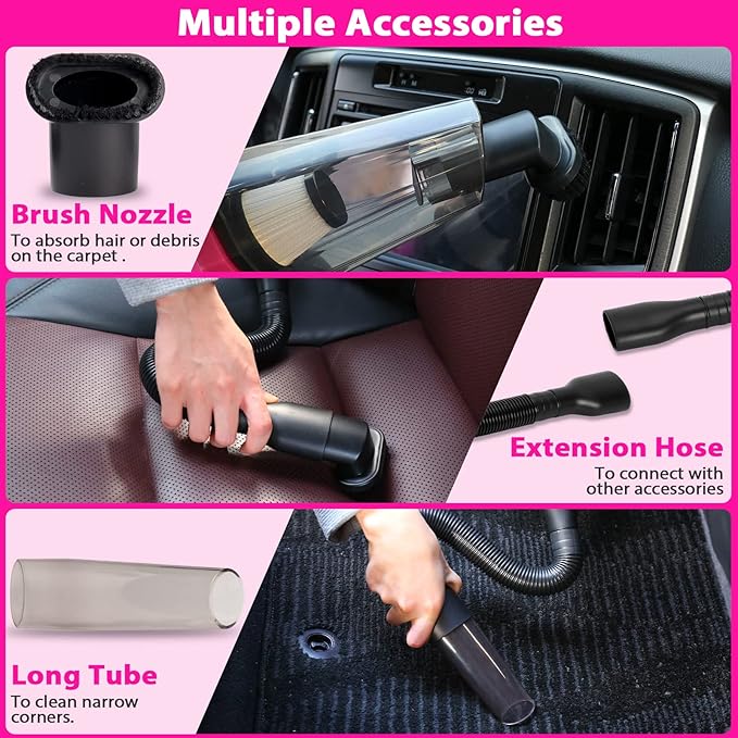 THINKWORK Car Detailing Kit Interior Cleaner Car Cleaning Kit with 8000PA Cordless Pink Handheld Vacuum Cleaner Car Interior Detailing Brush Set Pink Car Accessories Gift for Women