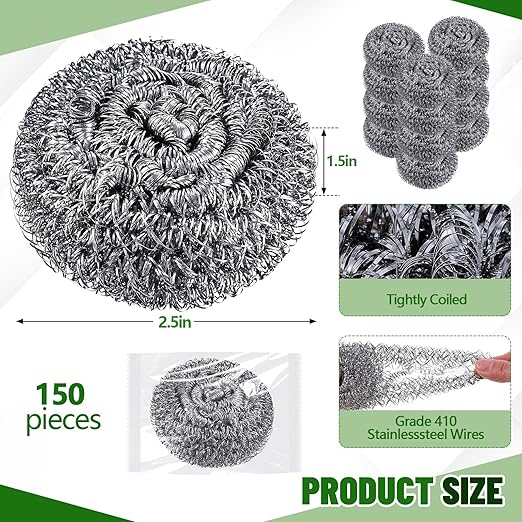 Honeydak 150 Pack Stainless Steel Scourers Steel Wool Scrubbers Bulk Separately Packaged 2.5 Inch 15 Gram Metal Scourers Sponges Wire Scouring Pad for Stove Pot Pan Oven Kitchen Restaurant(Classic)