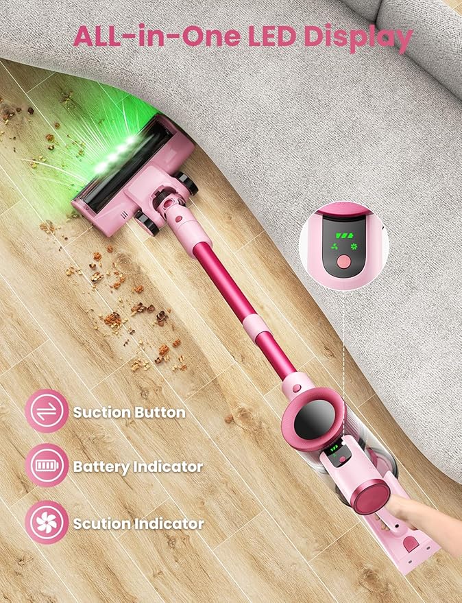 Dzaki Cordless Vacuum Cleaner Stick Vacuum with Smart LED Display 50KPA 55Mins Vacuum Cleaners for Home Powerful Suction Anti-Tangled Lightweight Rechargeable Vac for Pet Hair Carpet