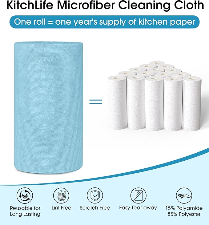 KitchLife Microfiber Cleaning Cloth Roll 100 Pack - Tear-Away Microfiber Paper Towels Lint-Free Reusable Washable for Kitchen Car Dishes and Sensitive Surfaces (Blue)