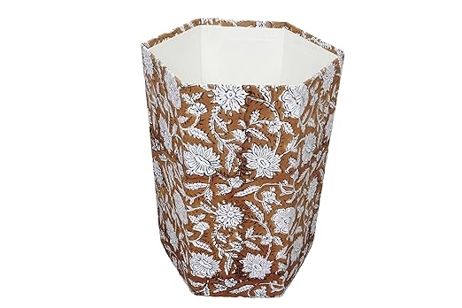 3.3 Gallon Cotton Hand Block Printed Paper Waste Basket |Small Decorative Trash Can for Housewarming Gifts in Living Room Bedroom Bathroom | Eco-Friendly Plastic-Free (1 Brown White FLOWAR)