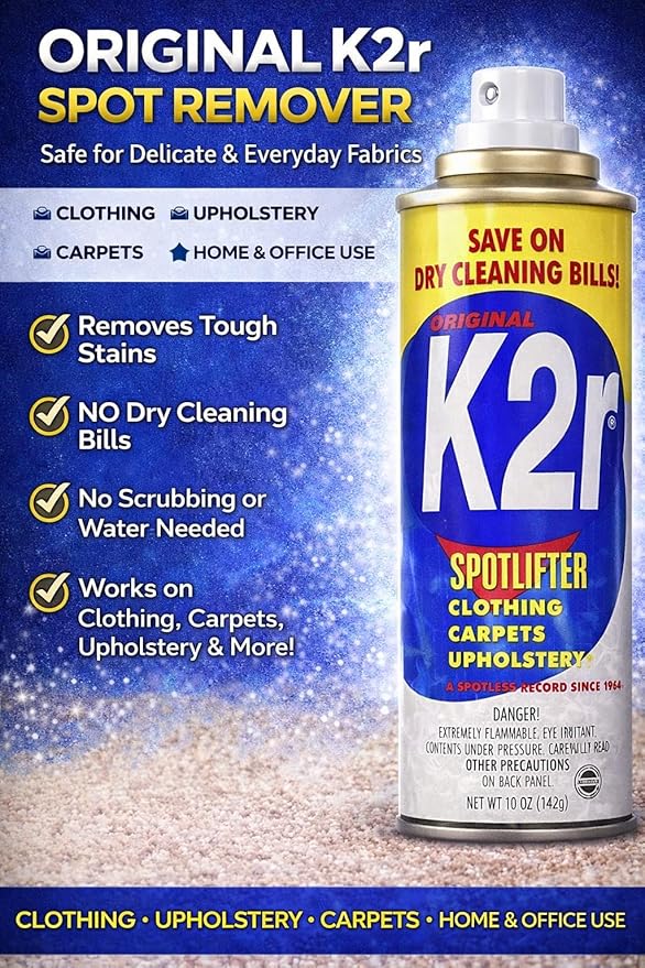 K2R SpotLifter Spot Remover Spray – Quick-Drying Stain Remover for Clothing Carpets Upholstery &amp Wallpaper – Built-In Brush Cap for No-Mess Touch-Ups – 10oz (3 1)