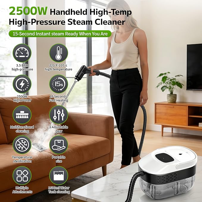 Pressurized Handheld Steam Cleaner 2500W 54oz Large-Capacity Steamer with 3-Level Adjustable Steam 15s Heat-Up &amp 15Pcs Accessories – for Car Tile Grout Couch Floor Bed Dirt Furniture