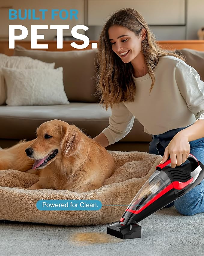 Pet Hair Handheld Vacuum Cordless Car Vacuum Rechargeable with Reusable Filters Motorized Brush and Multi-Accessories for Carpet Couch &amp Stairs Red 17.0X 4.6X 6.6