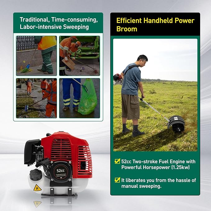 2-Stroke 1700W Gas Power Snow Sweeping Broom52cc Handheld SweeperSingle Cylinder Walk Behind Handheld SweeperCleaning Driveway Turf Lawns Power Brush Lawn Sweeper Cleaner Tools