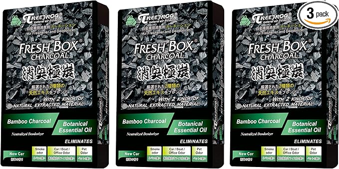 Treefrog Xtreme Fresh Box Charcoal New Car Scent 3-Pack Car Air Freshener Deodorizer and Neutralizer air Plus Smelling Great Bamboo Charcoal Generously Large Size 200g.