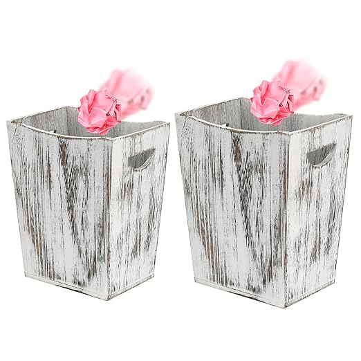 Rustic Wooden Trash Can Set 2-Pack Small and Large Wastebasket with Handle Farmhouse Style (Farmhouse White)