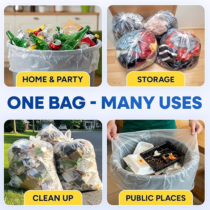 55 Gallon Trash Bags 1.3 Mil Heavy Duty Fit Rollout Containers Round and Square 32-55 gal Trash Cans 36 x 50 Large Durable Garbage Trash Can Liners Clear Pack of 100
