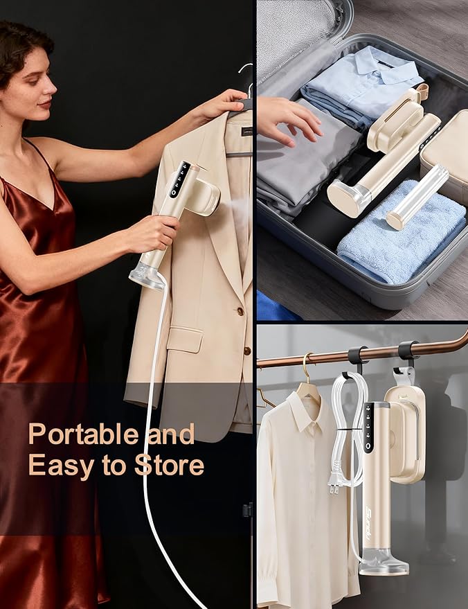 Steamer for Clothes Portable Handheld Garment Steamer15s Fast Heat-up100ml180ml TankSteamer Ironing Gloves35 Minutes of Continuous Ironing for Travel and Home (Pale Gold)