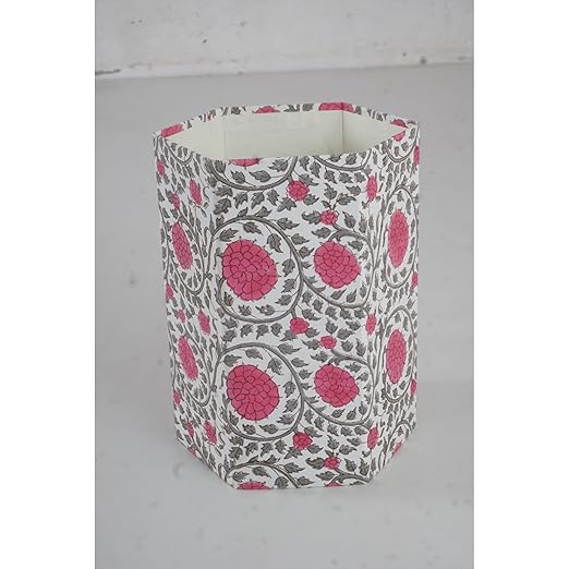Floral Hand Block Printed 3.3 Gallon Decorative Waste Basket – Eco-Friendly Cardboard Trash Can Plastic-Free &amp Sustainable Perfect for Christmas and Housewarming Gifts (1 Pink GEDHA FLOWAR)