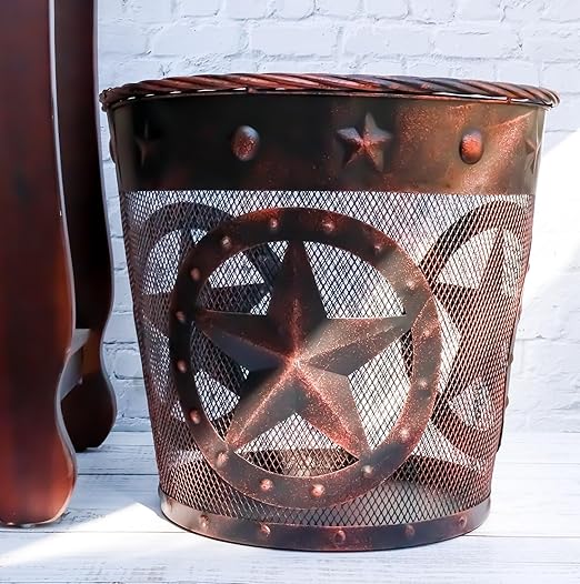 Ebros Rustic Western Texas Lone Stars in Circles of Nailheads with Braided Metal Rope Trim Wire Waste Basket Bin 12.75 Wide Home and Bathroom Accent Country Farmhouse Cowboy Decorative Trash Can