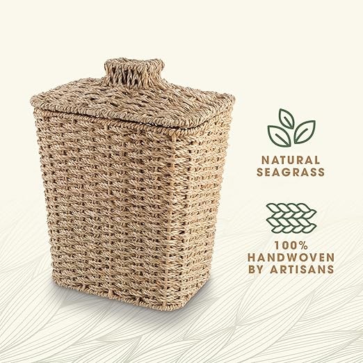 Wicker Trash Can with Lid and Liner - Rattan Trash Can for Bathroom - Decorative Wicker Waste Basket for Bedroom Kitchen and Office (Natural Seagrass)