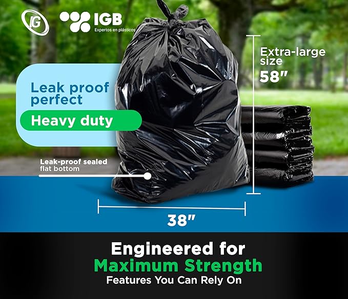 IGB Heavy Duty Trash Bags 55-60 Gallons (100 Count) – Extra Durable Contractor Bags for Construction Landscaping Restaurants – Leak-Proof Industrial Garbage Bags for Commercial Use