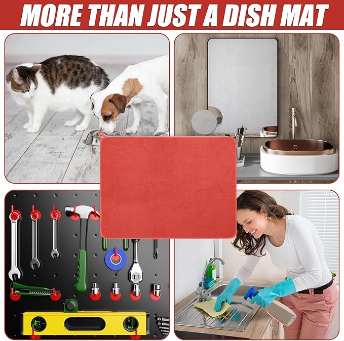 Hushee 2 Pack Extra Large Dish Drying Mat Microfiber Absorbent Dish Drying Pad Large Size Dishes Drainer Mats for Countertop Sink Refrigerator or Dryer (30 x 24 InchRed)