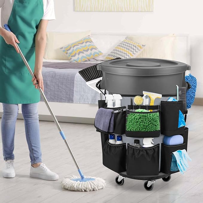 32-55 Gallon Trash Can Caddy Bag Garbage Bin Apron Caddy with Multiple Pockets for Cleaning Supplies Cleaning Tool Organizer with Adjustable Buckle for Janitorial Trash Can Black+Gray