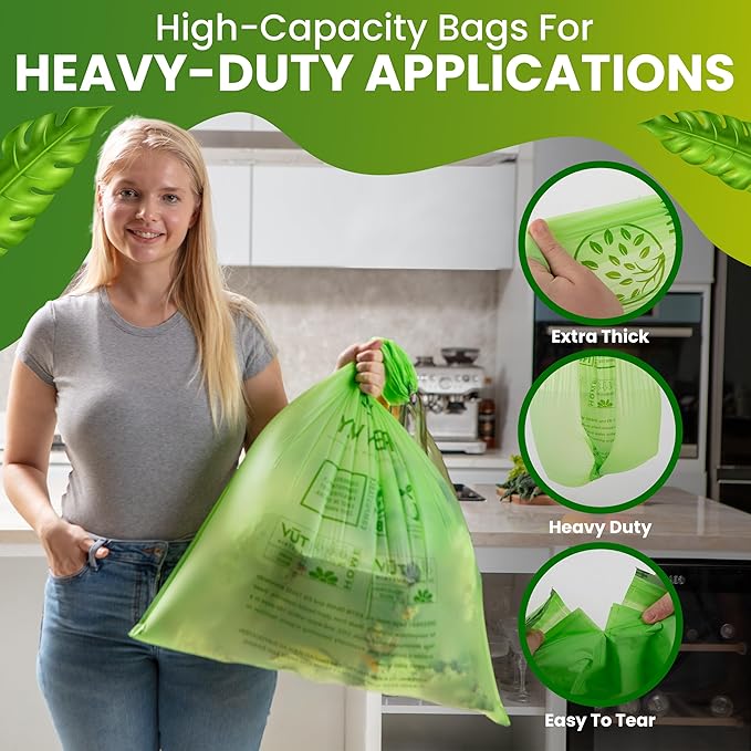 GREENWAY 13 Gallon Compostable Trash Bags Drawstring 50 Bags Heavy Duty Extra Thick 0.90 Mil Tall Kitchen Food Scrap Waste Bags US BPI and Europe OK Compost Home Certified