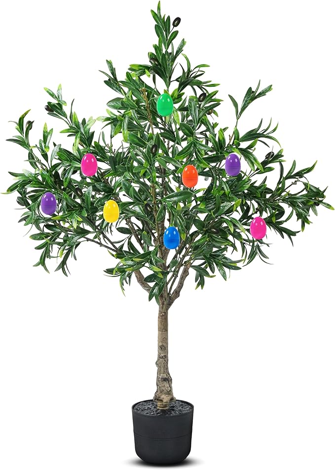 Easter Artificial Olive Trees Indoor Outdoor Decor 3.6 FT Tall Faux Olive Tree with Easter Eggs Planter UV Resistant Fake Plants Bushes Ever-Greenery with Lifelike Fruits for Home Office