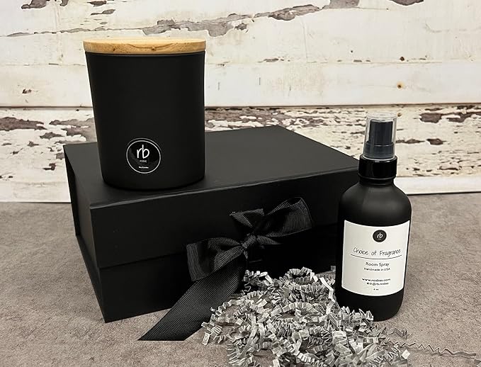 ROSBAS Gift Set Cinnamon Vanilla Scented Candle and Room Spray 7 oz Soy Wax Candle with Wooden Lid and 4 oz Spray Bottle Black Cotton Wick Air Freshener Gift Packaged Handmade in USA