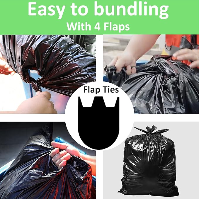 40-45 Gallon Heavy Duty Trash Bags 60 Count 1.2 Mil with 4 Innovative Flap Ties | Compatible with Rubbermaid Brute &amp Winco &amp Behrens 40-45 Gallon Round Trash Can | Tear &amp Leak Resistant Bl