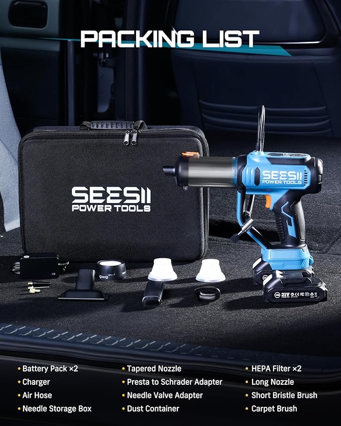 SEESII 3-in-1 Tire Inflator: Portable Air Compressor &amp Car Vacuum Cordless &amp Led Work Light with 2×2000mAh Batteries 21V Tire Air Pump 150PSI w/Digital Gauge+Auto-Shutoff for Ball/Bike/Car/Ho