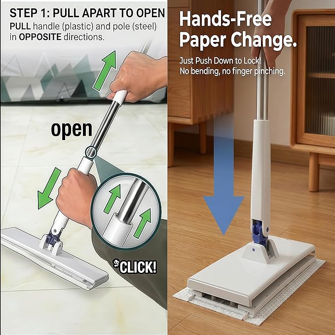 Snap Grip Mini Mop - 52.4 x 6.3 Stainless Steel Sweeper with Cleaning Scraper Hands-Free Cloth Changing Tool for Wall and Window 11-Pc Kit with 10 Disposable Wipes