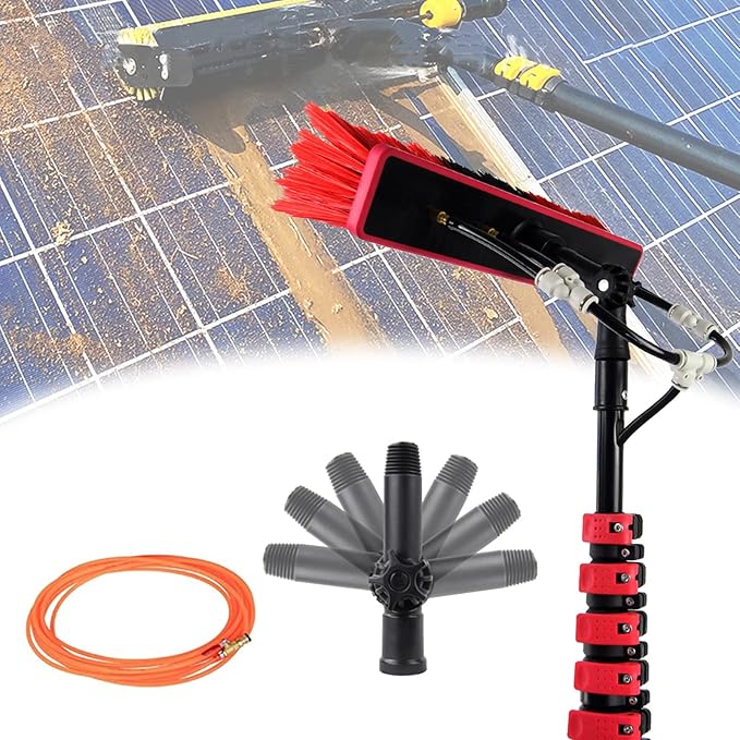 Telescopic Glass Cleaning BrushWater Fed Pole Kit 12-36ft Window Cleaning Pole Water Fed Telescopic Brush for Window Glass Solar Panel 4 Outlet Holes and 20m Long Hos