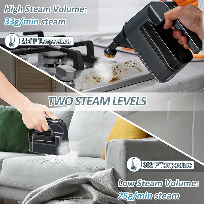 Spurgehom Handheld Steam Cleaner 25S Quick Heating Portable Steamer with Visible Water Level15-Piece Accessory Set Fast Heating for Car Carpet Upholstery Couch Tile Windows Cleaning