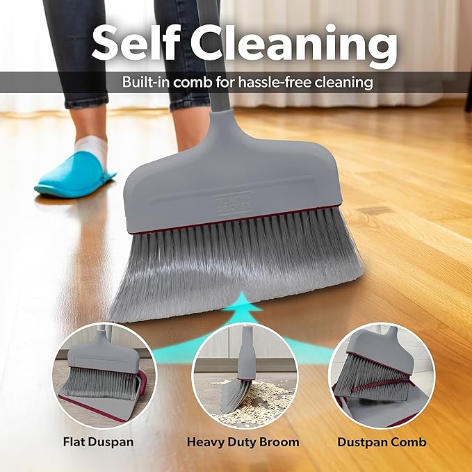 BLACK+DECKER Butler Broom &amp Dustpan Set - Stand-Up Design - Lightweight Space-Saving Combo for Kitchen Living Room Bathroom Lobby Floors - Home Cleaning Essential Light Gray/Burgundy