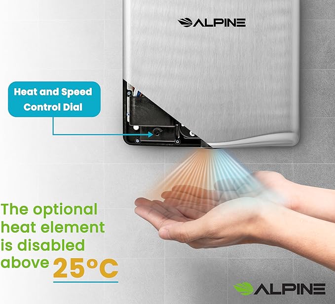 Alpine Commercial Hand Dryer with HEPA Filter 8 Seconds Extreme Speed Electric Hand Dryer for Home Bathroom/Restaurant with Heat &amp Speed Control - ADA Compliant (120V Stainless Steel)