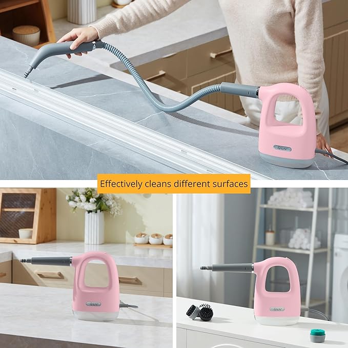 SALAV® CleanSteam Compact Steam Cleaner Pressurized Multi-Surface Handheld Steamer w/11pc Accessories Safety Lock No-Drip Fast Heat Time Unlimited Use for Cleaning Windows Tiles Grout Car (Pink)