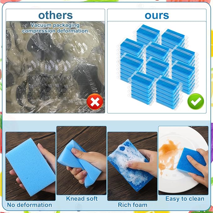 50 Pcs Individually Wrapped Sponges Uncompressed Non Scratch Scrouing Sponges for Household Cleaning Dishes Kitchen Airbnb Apartment Car Bike Blue