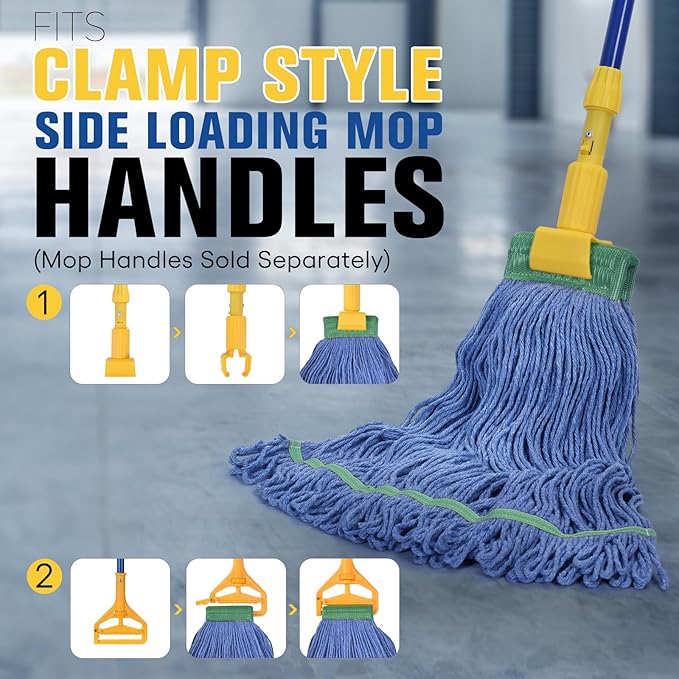 Matthew Cleaning Commercial Mop Head Replacement 5 Inch Wide Headband Looped End Cotton Blend String Wet Mops for Floor Cleaning 28 oz Extra Large 6-Pack Blue