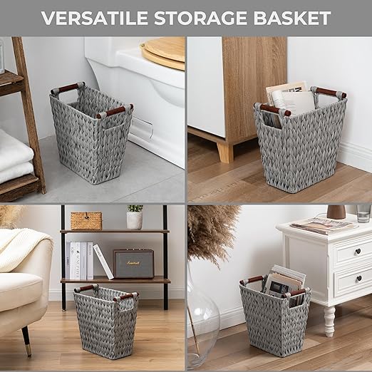 GRANNY SAYS Woven Waste Basket Gray Wicker Basket with Wood Handles Wicker Waste Basket for Bathroom Living Room 2-Pack 13 x 7 ½ x 12 ½
