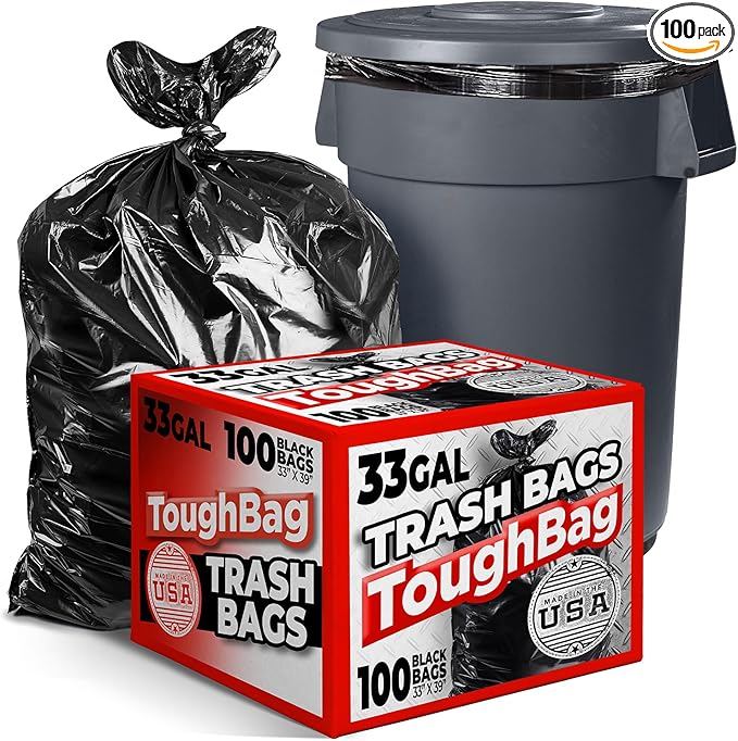 ToughBag 30-33 Gallon Heavy Duty Trash Bags (100 Count) – 33x39 Large Can Liners – Made in USA