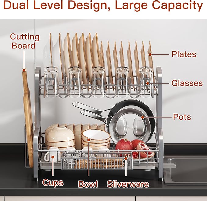 2 Tier Dish Drainers Drying Rack for Kitchen Counter Large Stainless Steel Dishes Drain with Drainboard Space Saving Big Modern Silver Countertop Metal Plates Dryer Strainer Holder and Extra Tray