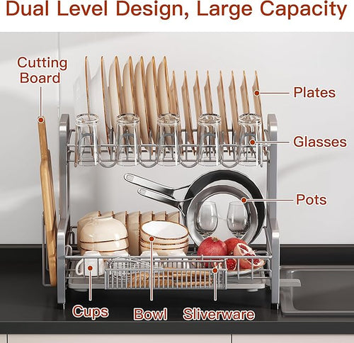 2 Tier Dish Drainers Drying Rack for Kitchen Counter Large Stainless Steel Dishes Drain with Drainboard Space Saving Big Modern Silver Countertop Metal Plates Dryer Strainer Holder and Extra Tray