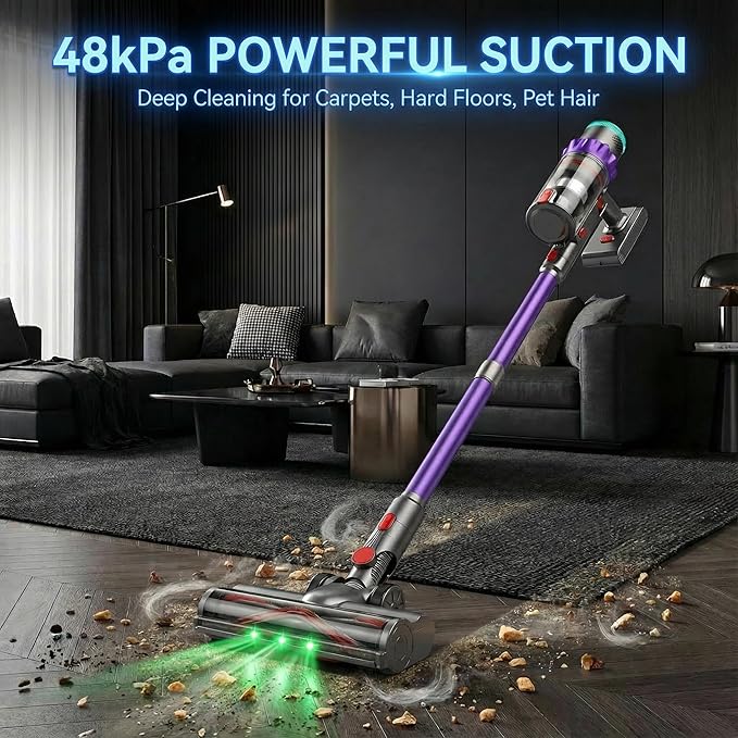 Cordless Vacuum Cleaner 550W 48kPa 60 Mins Runtime Vacuum Cleaners for Home Stick Vacuum with Intelligent Display Rechargeable Battery and Anti-Tangle Brush Perfect for Pet Hair/Carpet/Floors