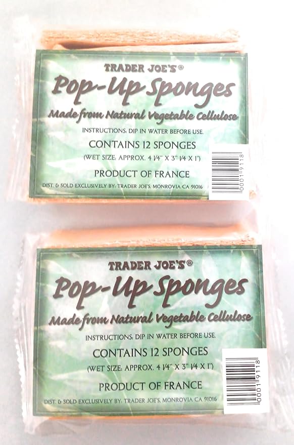 Trader Joe's Pop-Up Sponges Natural Vegetable Cellulose 12 Count French Made 4.25 x 3.25 x 1 Inch Wet Size (2 Packs)