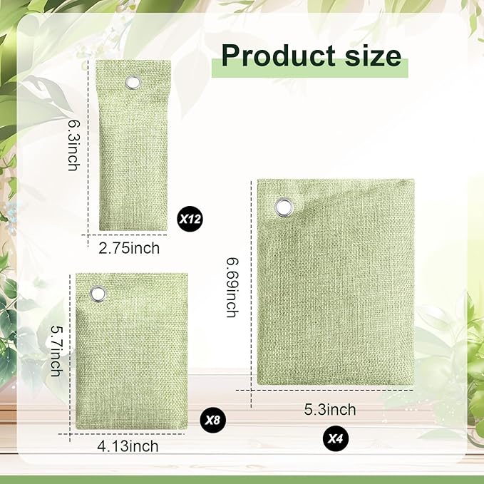 Nuanchu 24 Pcs Activated Charcoal Odor Absorber 50g/100g/200g Air Purifying Bamboo Charcoal Bags Natural Shoe Odor Absorber Deodorizer Absorbers for Fresh Car Home Closet Pet Basement Smell(Green)