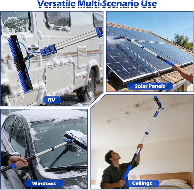 30 FT Reach Solar Panel Cleaning Brush Kit with 5-24 FT Telescopic Extension Pole Water Fed Pole with Dual Action Flip-Lock &amp Screw Fixing Design Ideal for Snow Removal Windows Boats RVs